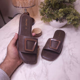 Brown Buckle Slides - Maha fashions -  Women Footwear